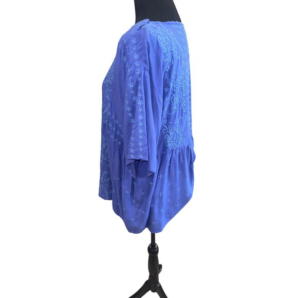 Tru Luxe Cobalt Blue Embroidered Boho Cottage Core Casual Tunic S/S Blouse Top S - Picture 5 of 10